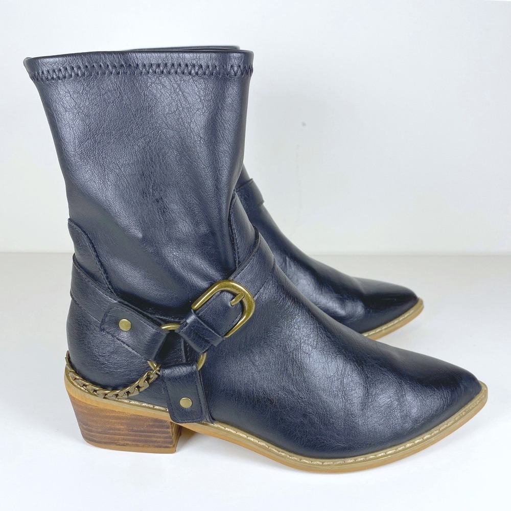 Oasis Society Harness Ankle Boots Women 7 Black Vegan Leather Chain Pointed Toe